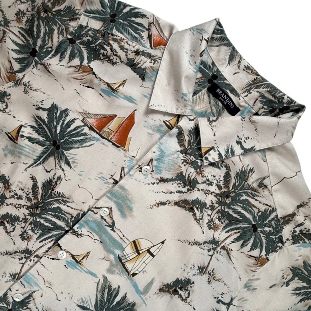 Brandini Mens Large Silk Hawaiian Shirt Tropical Sailboat Palm Tree Camp Tan L